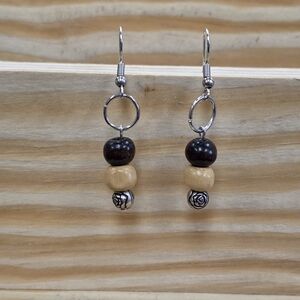Retro, Boho-Style Silver and Wood Beaded Earrings